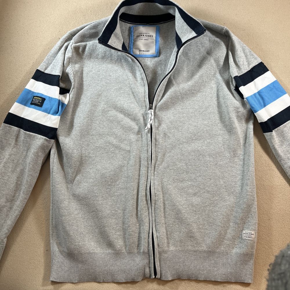 Jack & Jones Sweater Men's XL Cardigan Full Zip Gray Blue Preppy‎ Golf Original